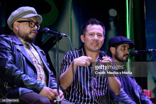 Hernan Raul PIOJO, Dario Vital and Roger Davila of Comisario Pantera band speak during a press conference at McCarthy's Irish Pub on August 4, 2022...