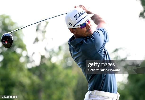 Rafa Cabrera Bello of Spain plays his shot from the 15th tee during the first round of the Wyndham Championship at Sedgefield Country Club on August...