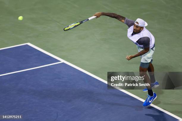 Nick Kyrgios of Australia serves a shot to Reilly Opelka of the United States during Day 6 of the Citi Open at Rock Creek Tennis Center on August 04,...