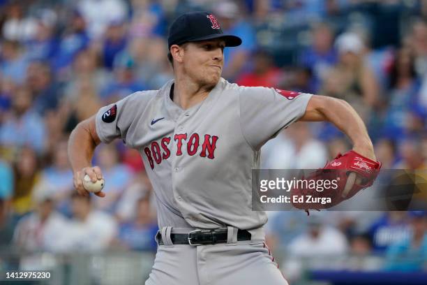 Starting pitcher Nick Pivetta of the Boston Red Sox throws in the first inning against the Kansas City Royals at Kauffman Stadium on August 04, 2022...