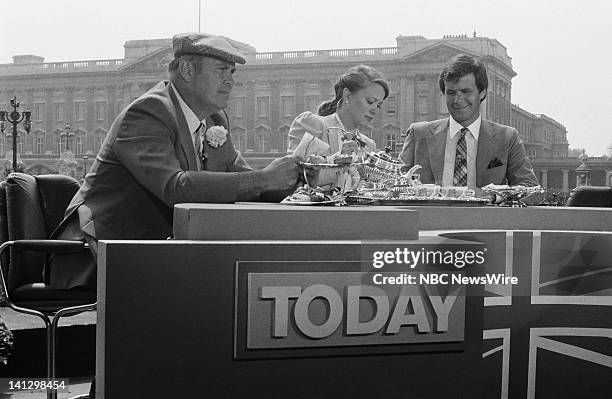 Royal Wedding -- Pictured: NBC News' Willard Scott, Jane Pauley, Tom Brokaw in front of Buckingham Palace covering the Royal Wedding of Prince...