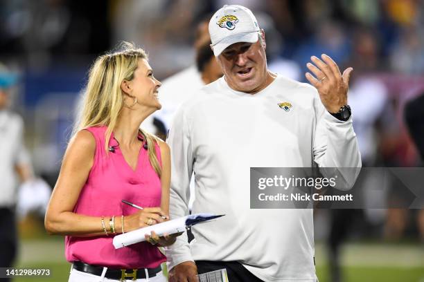 Sports field reporter Melissa Stark interviews head coach Doug Pederson of the Jacksonville Jaguars at halftime of the 2022 Pro Hall of Fame Game...