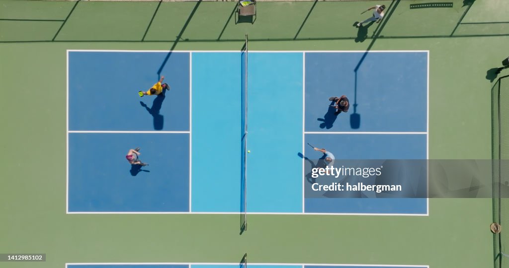 Top Down Aerial View of Doubles Pickleball Game