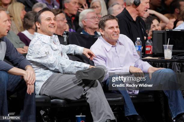Owners Gavin Maloof and Joe Maloof of the Sacramento Kings watching their team face off against the Dallas Mavericks on March 09 2012 at Power...