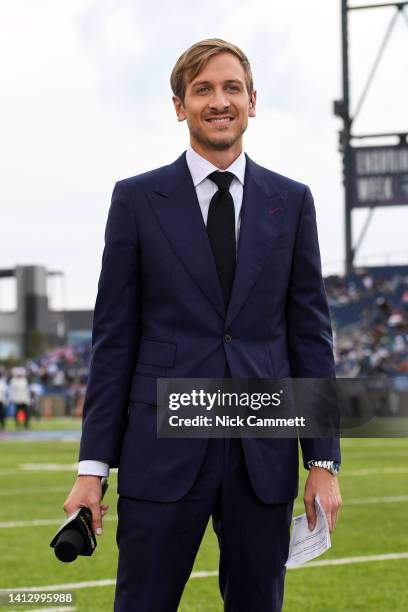 Sports commentator Jac Collinsworth poses for a photo prior to the 2022 Pro Hall of Fame Game between the Jacksonville Jaguars and the Las Vegas...