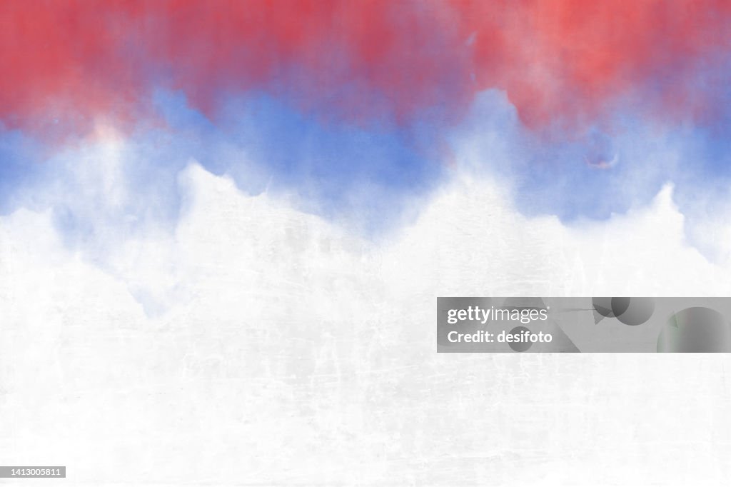 Horizontal creative abstract backgrounds of tricolor merged bands, in soft gradient of blue, white and red smudged water colors as in National Flag of France, faded blended and blotched