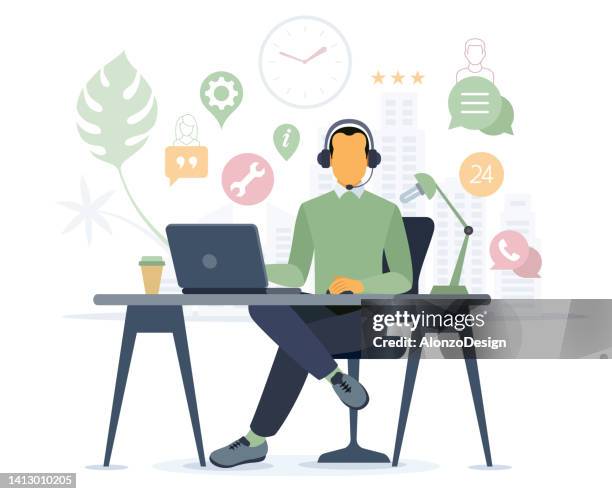 customer service. call center. man with headphones on laptop screen. - clock person desk stock illustrations