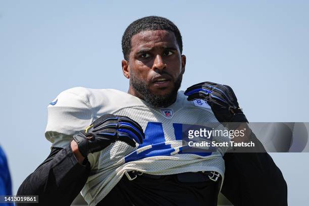 Bobby Wagner of the Los Angeles Rams looks on during training camp at University of California Irvine on July 29, 2022 in Irvine, California.