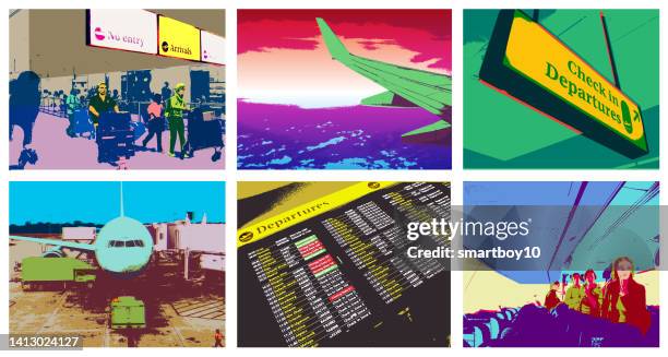 ilustraciones, imágenes clip art, dibujos animados e iconos de stock de montaje de imágenes temáticas del aeropuerto - pop fly