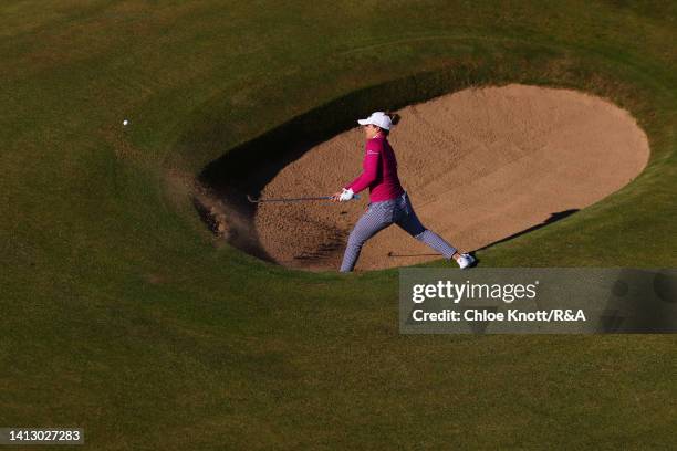 Gaby Lopez of Mexico plays a shot from a bunker during Day Two of the AIG Women's Open at Muirfield on August 05, 2022 in Gullane, Scotland.