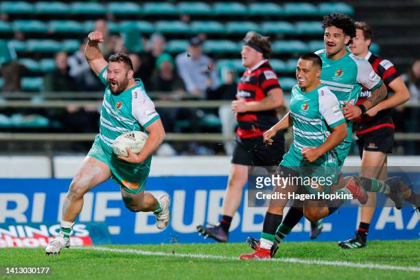Leif Schwencke of Manawatu runs in for a try during the round one Bunnings NPC match between Manawatu and Canterbury at Central Energy Trust Arena,...