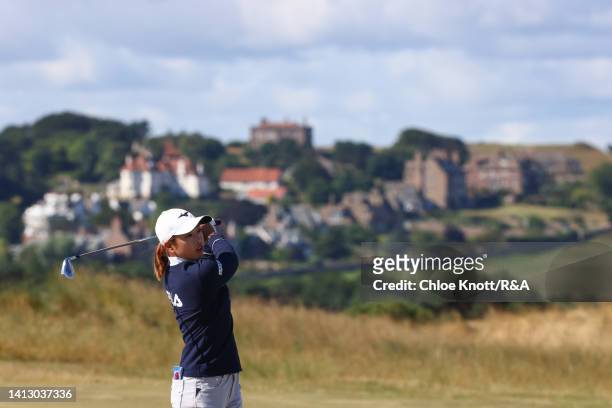 Mao Saigo of Japan plays their second shot on the 11th hole during Day Two of the AIG Women's Open at Muirfield on August 05, 2022 in Gullane,...