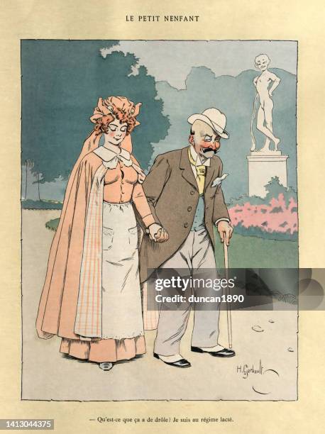 krankenschwester hilft einem alten mann, der im park spazieren geht, französischer vintage-cartoon - naughty nurse images stock-grafiken, -clipart, -cartoons und -symbole