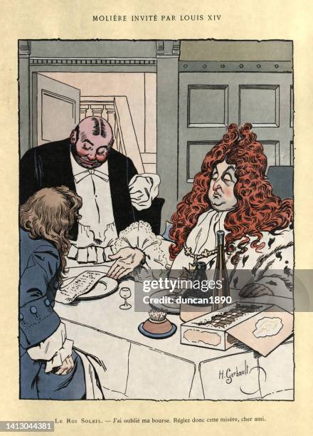 molière invited to lunch by louis xiv, vintage french cartoon - molière stock illustrations