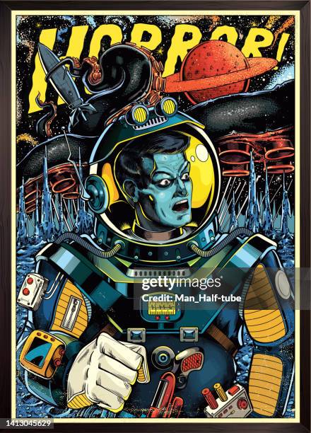 astronaut im weltall, retro-futurismus - filmposter stock-grafiken, -clipart, -cartoons und -symbole
