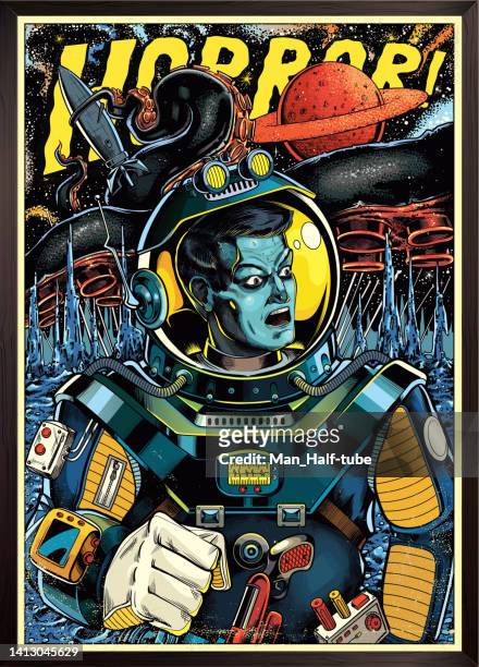 bildbanksillustrationer, clip art samt tecknat material och ikoner med astronaut in outer space, retro futurism - movie poster