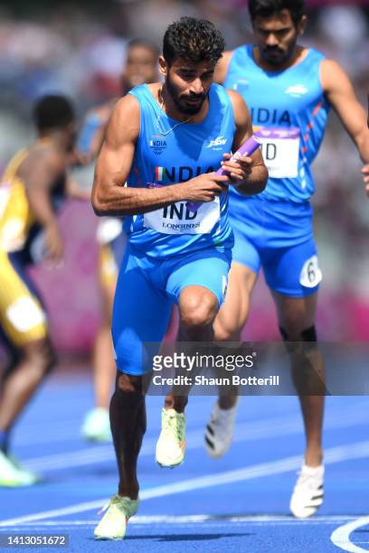 Muhammed Ajmal Variyathodi of Team India competes during the Men's 4 x 400m Relay - Round 1 - Heat 2 on day eight of the Birmingham 2022 Commonwealth...