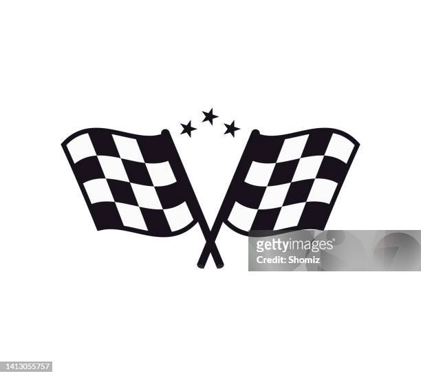 checkered race flags crossed on blue background - go carting stock illustrations