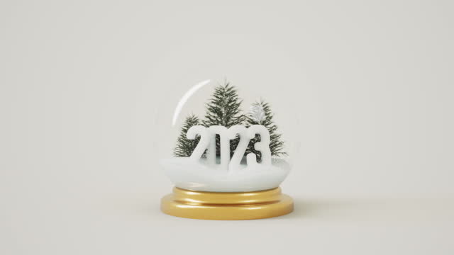 Glass snow ball with 2023, pine trees and falling snow inside. Happy New Year 3d render background loopable