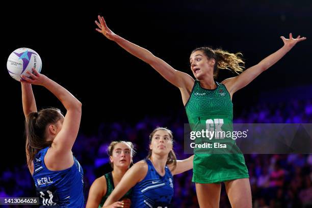 Niamh McCall of Team Scotland competes with Michelle Magee of Team Northern Ireland during Netball - Classification 9-10 match between Scotland and...