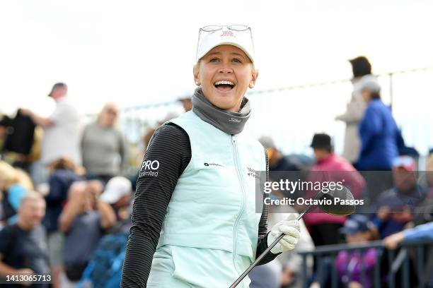 Jessica Korda of United States walks to the fairway after playing her tee shot on the 1st hole during Day Two of the AIG Women's Open at Muirfield on...