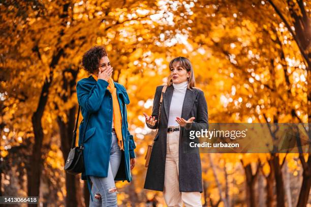 zwei junge frauen, die im herbst im park spazieren gehen und sich unterhalten - conversation sunset stock-fotos und bilder