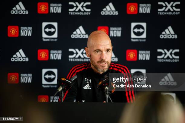 Manager Erik ten Hag of Manchester United speaks during a press conference at Carrington Training Ground on August 05, 2022 in Manchester, England.