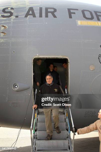 Secretary of Defense Leon Panetta steps off the plane after arriving in Afghanistan March 14, 2012 at Camp Bastion, Afghanistan. Panetta is scheduled...