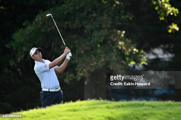 Christiaan Bezuidenhout of South Africa plays a second shot on the first hole during the second round of the Wyndham Championship at Sedgefield...