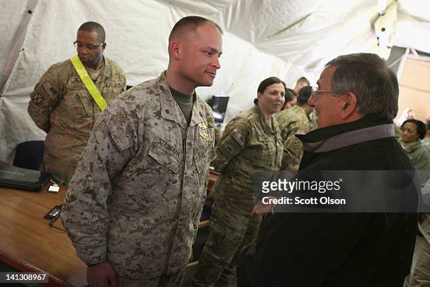 Secretary of Defense Leon Panetta greets troops passing through the Transit Center at Manas on March 14, 2012 near Bishkek, Kyrgyzstan. All U.S....