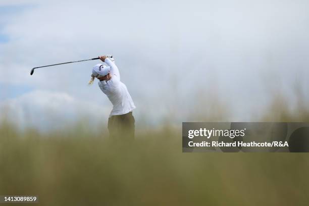 Madelene Sagstrom of Sweden tees off on the 12th hole during Day Two of the AIG Women's Open at Muirfield on August 05, 2022 in Gullane, Scotland.