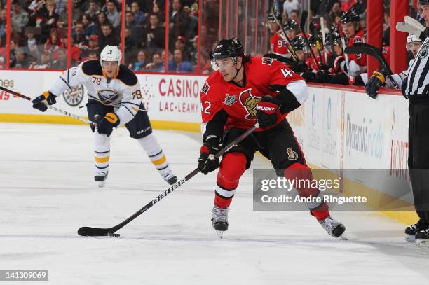 Jim O'Brien of the Ottawa Senators skates against the Buffalo Sabres at Scotiabank Place on March 10, 2012 in Ottawa, Ontario, Canada.