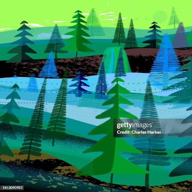 forest in summer digital abstract illustration - jungle tree cartoon stock pictures, royalty-free photos & images