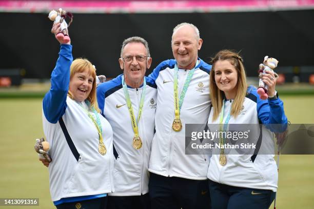 Gold medalists Melanie Inness, George Miller, Robert Barr and Sarah Jane Ewing of Team Scotland celebrate during Para Mixed Pairs B2/B3 - Gold Medal...