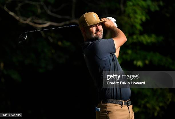 Ryan Moore of the United States plays his shot from the second tee during the second round of the Wyndham Championship at Sedgefield Country Club on...