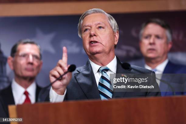 Sen. Lindsey Graham , joined by Sen. John Barrasso and Sen. Roger Marshall , speaks a press conference at the U.S. Capitol on August 05, 2022 in...