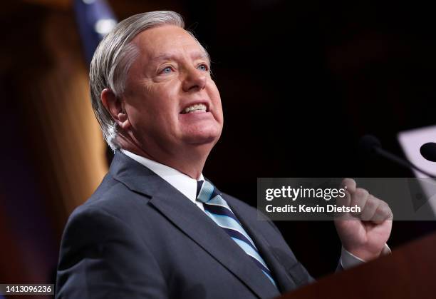 Sen. Lindsey Graham speaks at a press conference at the U.S. Capitol on August 05, 2022 in Washington, DC. The group of Republican Senators held the...