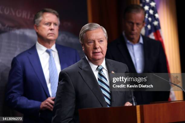 Sen. Lindsey Graham , joined Sen. Roger Marshall and Sen. John Thune , speaks a press conference at the U.S. Capitol on August 05, 2022 in...