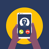 unknown caller, phone call, smartphone in hands vector icon