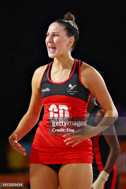 Ella Powell-Davies of Team Wales reacts during Netball - Classification 7-8 match between Wales and Malawi on day eight of the Birmingham 2022...
