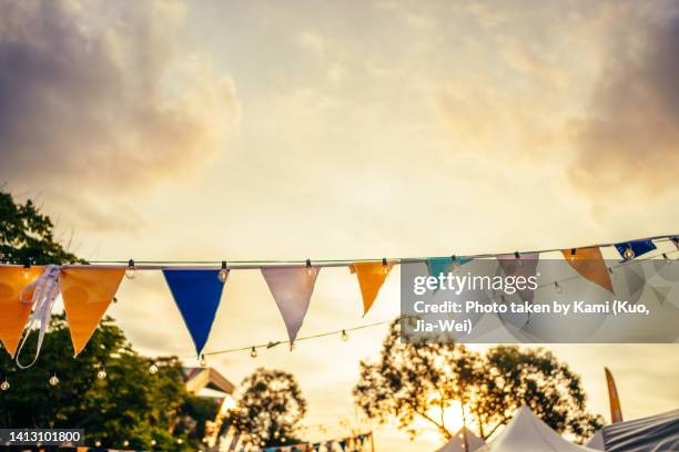 bunting flags and light bulbs with dusk sky - pennant stock-fotos und bilder