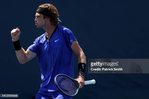 Andrey Rublev celebrates a point against Maxime Cressy of the United States during Day 7 of the Citi Open at Rock Creek Tennis Center on August 5,...