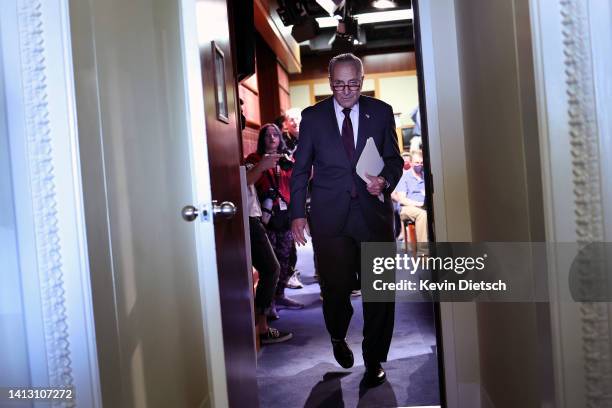 Senate Majority Leader Charles Schumer leaves after holding a press conference at the U.S. Capitol on August 05, 2022 in Washington, DC. Schumer...