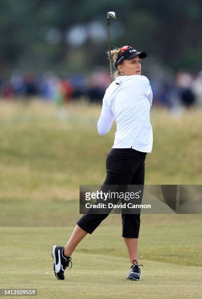 Lexi Thompson of The United States plays her second shot on the 17th hole during the second round of the AIG Women's Open at Muirfield on August 05,...