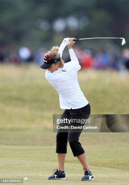 Lexi Thompso of The United States plays her second shot on the 17th hole during the second round of the AIG Women's Open at Muirfield on August 05,...