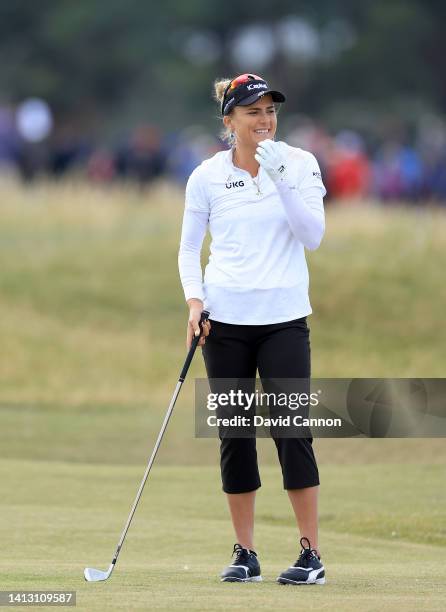 Lexi Thompson of The United States reacts to her second shot on the 17th hole during the second round of the AIG Women's Open at Muirfield on August...