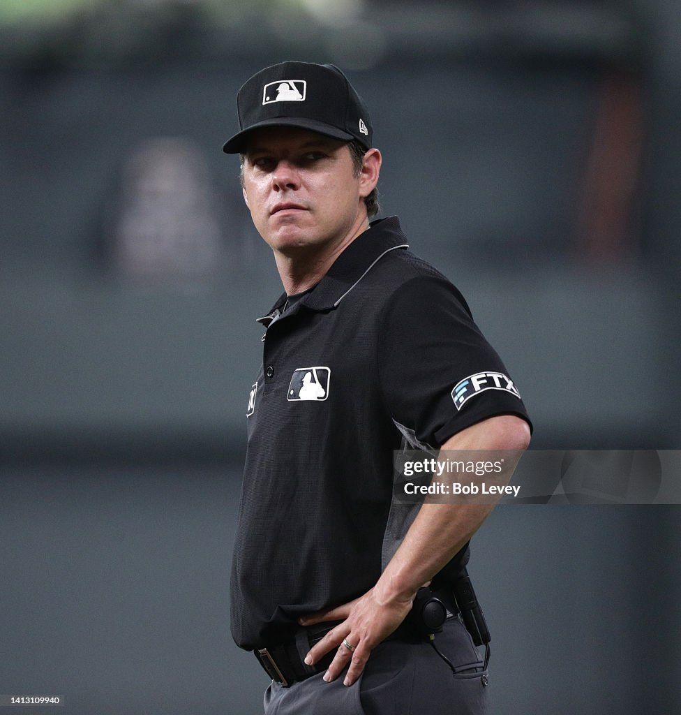 Jacob Reyburn Umpire DJ Reyburn at Minute Maid Park on August 01, 2022 in Houston ...