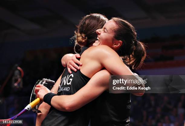 Joelle King and Amanda Landers-Murphy of Team New Zealand celebrate winning during their Squash Women's Doubles Quarter-Final match against Georgina...