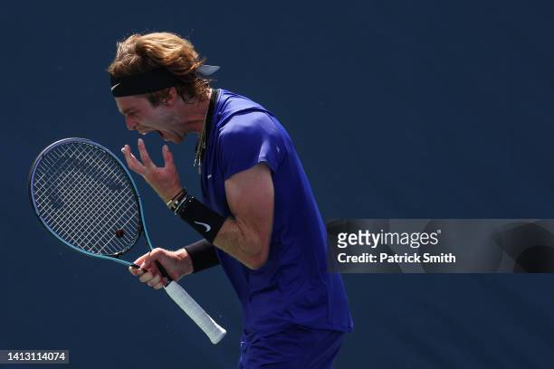Andrey Rublev reacts against Maxime Cressy of the United States during Day 7 of the Citi Open at Rock Creek Tennis Center on August 5, 2022 in...