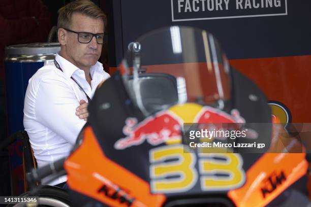 Pit Beirer of Austria looks on in boxes during the MotoGP of Great Britain - Free Practice at Silverstone Circuit on August 05, 2022 in Northampton,...